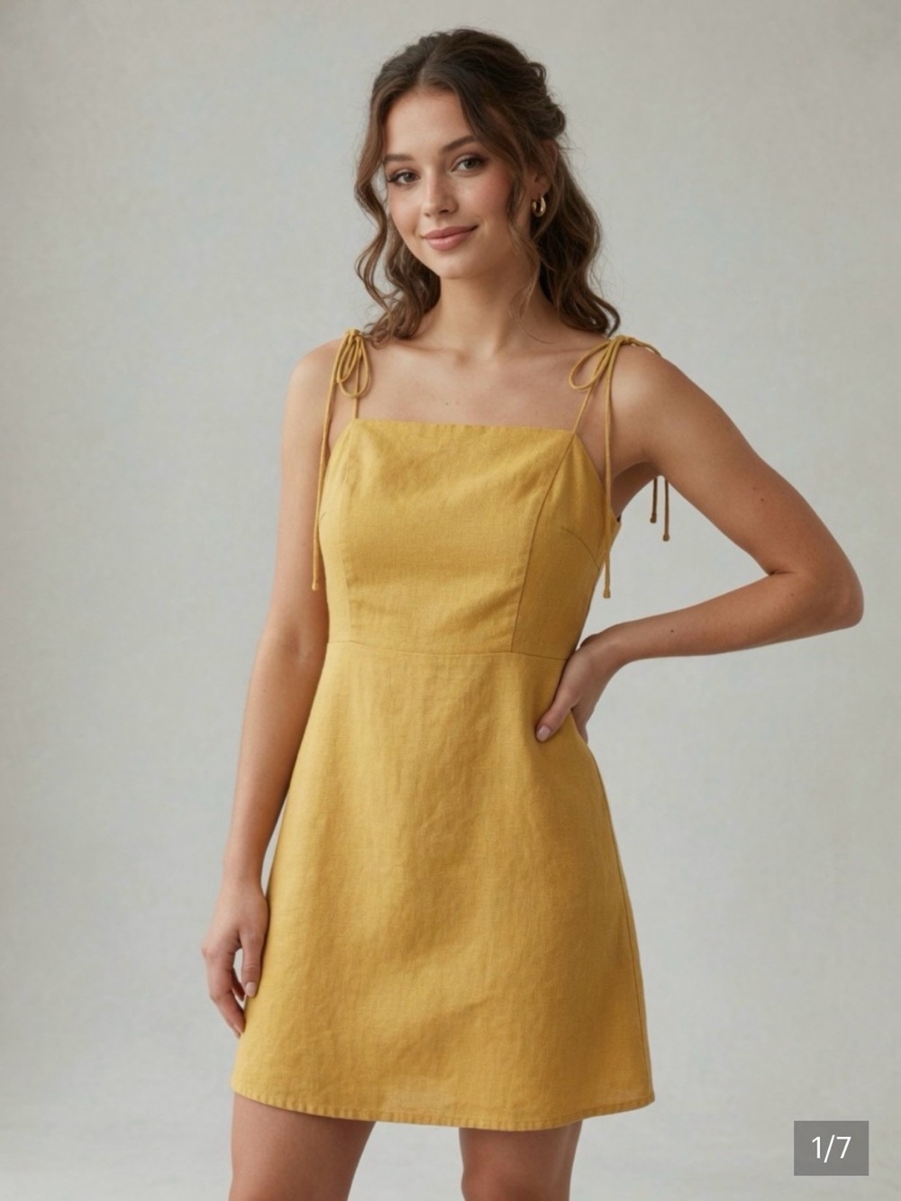 Old Navy Tie-Shoulder Mini Dress yellow pockets linen size large
